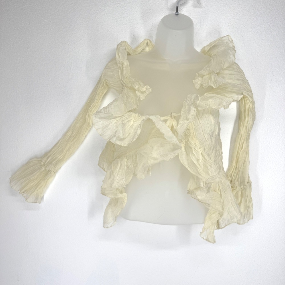 Cream Ruffle 2 Tie Front Sheer Crinkle Cardigan Bell Sleeve Small Coquette Layer